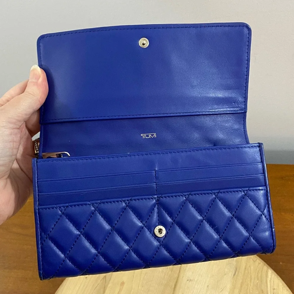 Tumi Blue Leather Quilted Continental Flap Wallet Long Organizer Clutch Travel